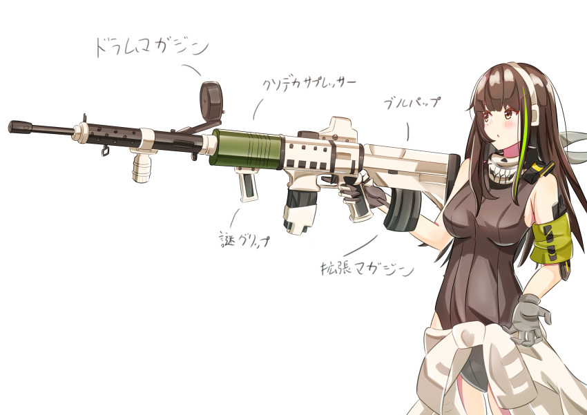 1girl a absurdres assault_rifle bullpup commentary_request cursed_m4a1 drum_magazine girls'_frontline gloves grip gun highres holding holding_gun holding_weapon m4_carbine m4a1_(girls'_frontline) magazine_(weapon) mutugorou_u rifle solo translation_request trigger_discipline weapon white_background