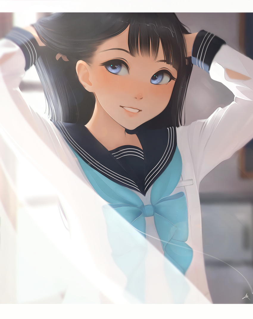 1girl absurdres akebi-chan_no_serafuku akebi_komichi arms_up bangs black_hair black_sailor_collar blue_eyes blue_neckerchief blunt_bangs hanr10 highres holding holding_hair lips long_hair long_sleeves neckerchief parted_lips roubai_academy_school_uniform_(old) sailor_collar school_uniform serafuku shirt smile solo upper_body white_shirt