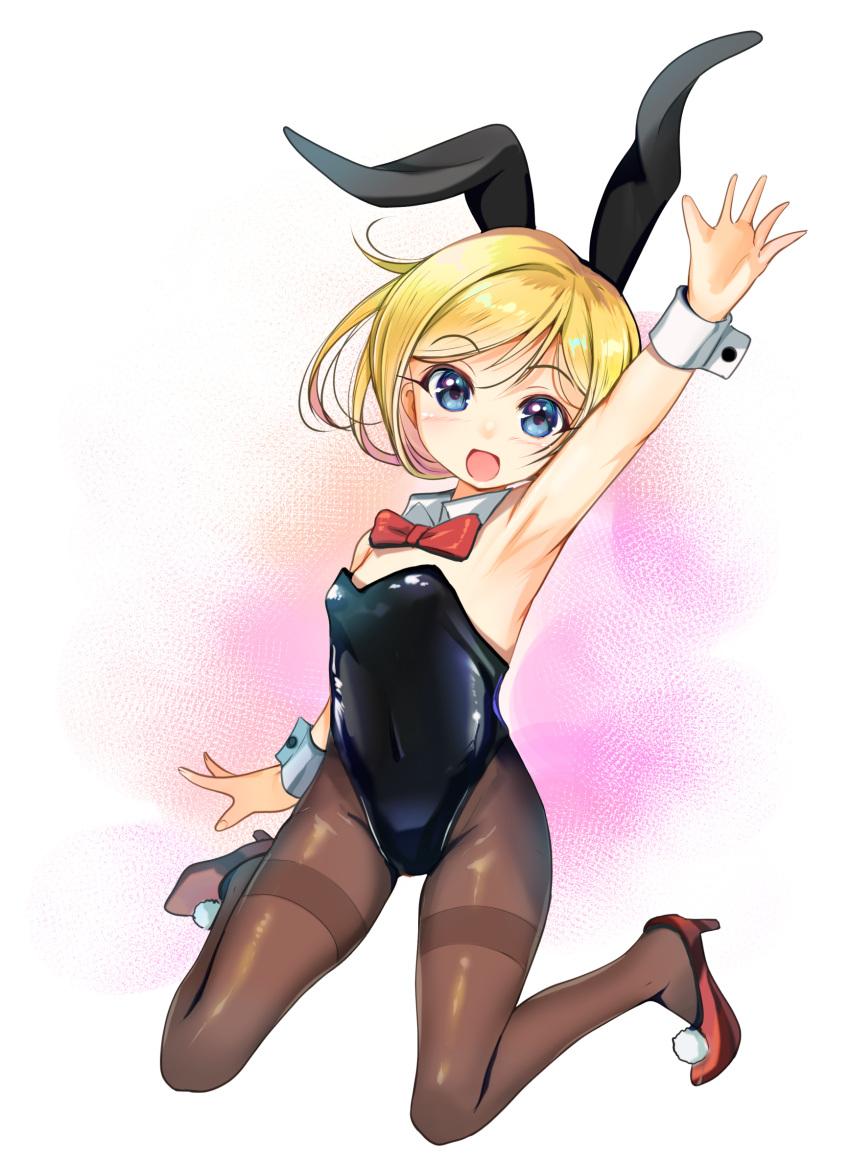 1girl animal_ears arcana_heart arm_up armpits black_leotard blonde_hair blue_eyes bow bowtie brown_legwear detached_collar dorothy_albright full_body highres leotard pantyhose playboy_bunny rabbit_ears rabbit_tail red_bow red_bowtie short_hair smile solo strapless strapless_leotard tail thighband_pantyhose wrist_cuffs yashin_(yasinz)