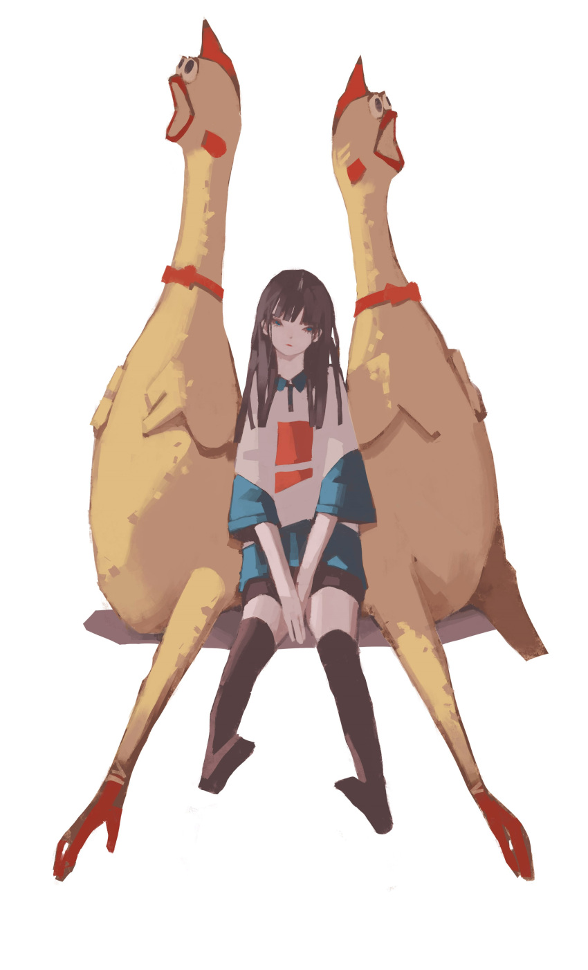 1girl absurdres bangs black_legwear black_shorts brown_hair closed_mouth highres long_hair looking_at_viewer no_shoes original rubber_chicken shirt shorts simple_background sitting solo thighhighs tuoer white_background white_shirt
