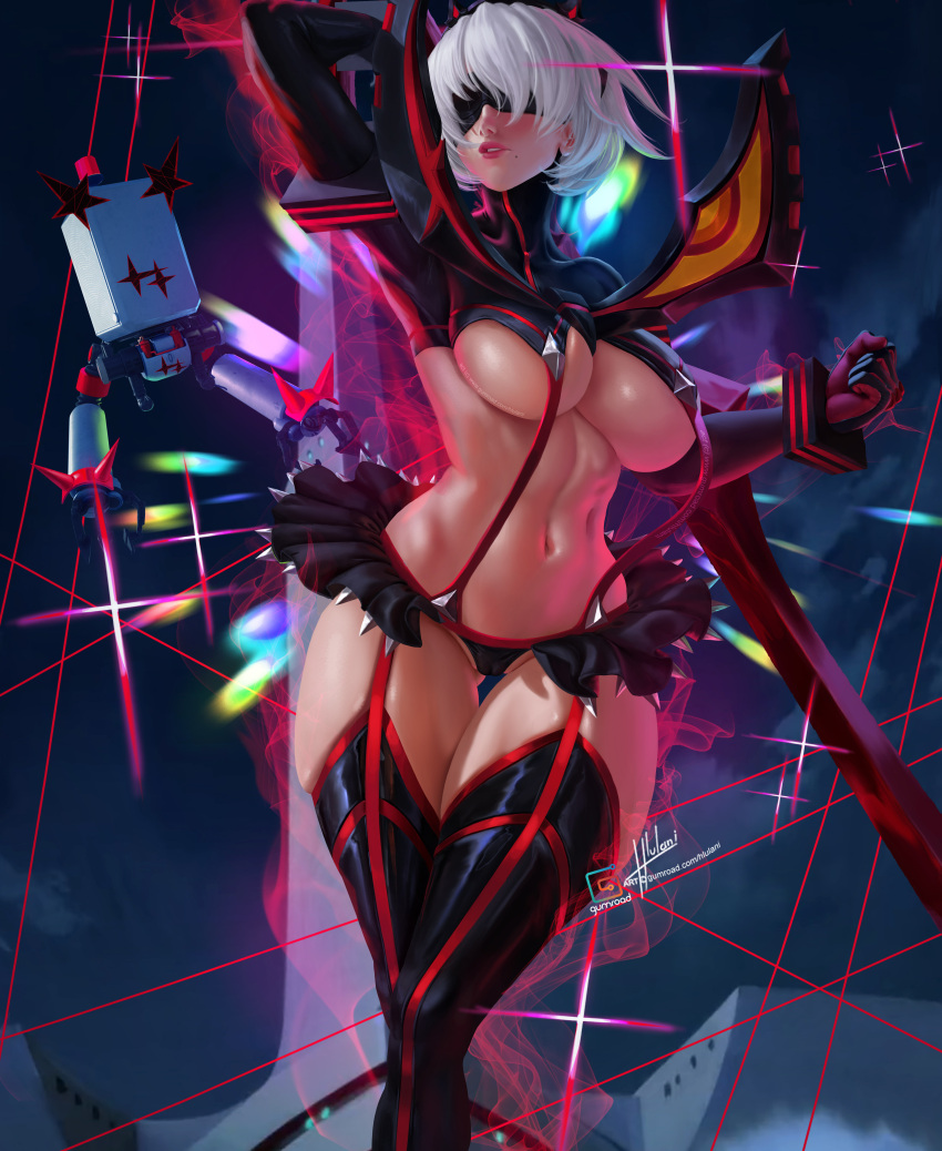 1girl absurdres arm_up artist_name bangs blindfold boots breasts commentary_request cosplay floating floating_object garter_straps gloves highres hlulani holding holding_sword holding_weapon kill_la_kill large_breasts lips long_sleeves matoi_ryuuko matoi_ryuuko_(cosplay) mole mole_under_mouth navel nier_(series) nier_automata parted_lips pleated_skirt pod revealing_clothes robot shiny shiny_skin short_hair simple_background skirt stomach suspenders sword thigh_boots thighhighs thighs turtleneck weapon white_hair yorha_no._2_type_b