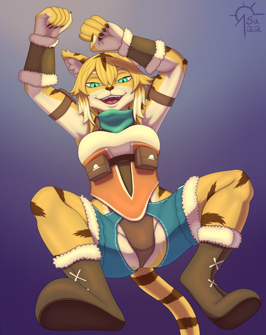 absurd_res anthro bandanna blonde_hair boots chaps claws clothing felid female footwear fur green_eyes hair hi_res kerchief mammal mia_(world_flipper) open_mouth open_smile pantherine pockets pupils sacrificabominat slit_pupils smile solo stripes tiger white_body white_fur white_hair world_flipper yellow_body yellow_fur