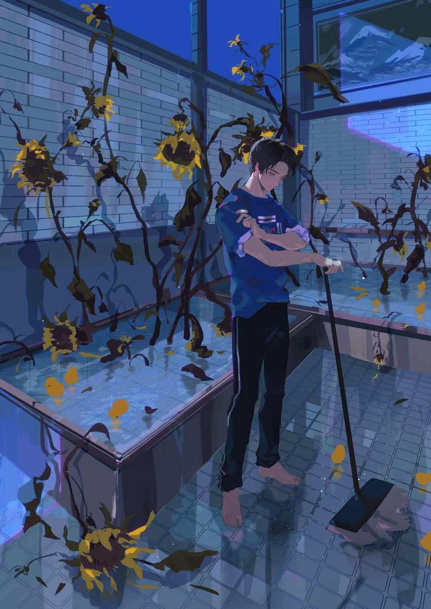 1boy bathhouse bathtub black_hair blue_shirt daisy dead_plants doran7280 eyebrows flower full_body highres igarashi_ikki kamen_rider kamen_rider_revice male_focus mop night night_sky no_shoes sad shirt short_hair sky sleeves_rolled_up solo symbolism tile_floor tiles