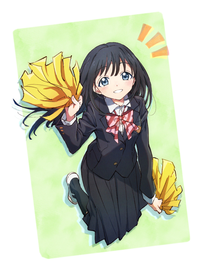 1girl akebi-chan_no_serafuku akebi_komichi bangs black_hair black_jacket black_legwear black_skirt blazer blue_eyes blunt_bangs collared_shirt commentary_request full_body highres holding holding_pom_poms jacket kneehighs long_hair parted_lips pleated_skirt pom_pom_(cheerleading) red_ribbon ribbon roubai_academy_school_uniform_(new) school_uniform sha~re. shirt shoes skirt solo striped striped_ribbon uwabaki white_shirt