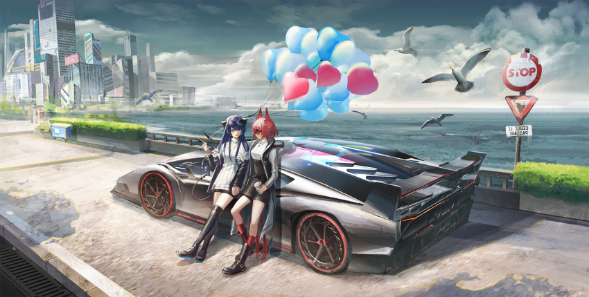 2girls animal_ears arknights balloon bird bird_ears bird_girl bird_tail black_footwear black_jacket black_skirt black_wings blue_eyes blue_hair boots bridge car city coat collared_shirt dark_halo demon_girl demon_horns demon_tail detached_wings energy_wings eyewear_on_head fiammetta_(arknights) full_body grate grey_coat ground_vehicle hedge highres holding_hands horns jacket jewelry long_hair long_sleeves looking_at_another luren_max mostima_(arknights) motor_vehicle multiple_girls necklace open_clothes open_coat open_jacket outdoors railing red_hair red_legwear ribbed_shirt road_sign shirt short_hair sign skirt socks stop_sign sunglasses tail tail_raised thighhighs water white_shirt wings yuri