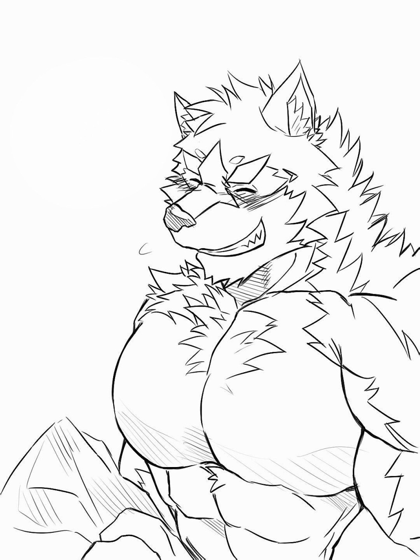 abs anthro barrel_(live-a-hero) biceps blush canid canine canis dj28sj fluffy grin hi_res lifewonders line_art live-a-hero male mammal muscular muscular_anthro muscular_male pecs smile solo video_games wolf