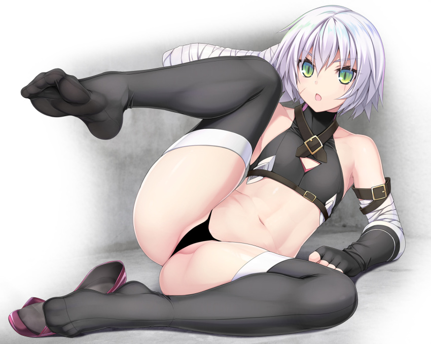 1girl bandaged_arm bandages black_legwear black_panties blue_eyes fate/apocrypha fate_(series) feet feet_up full_body green_eyes highres jack_the_ripper_(fate/apocrypha) leg_up looking_at_viewer lowleg lowleg_panties navel no_shoes panties ruton-niki scar scar_across_eye scar_on_cheek scar_on_face shoe_removed shoes short_hair shoulder_tattoo silver_hair tattoo thighhighs toes underwear white_hair