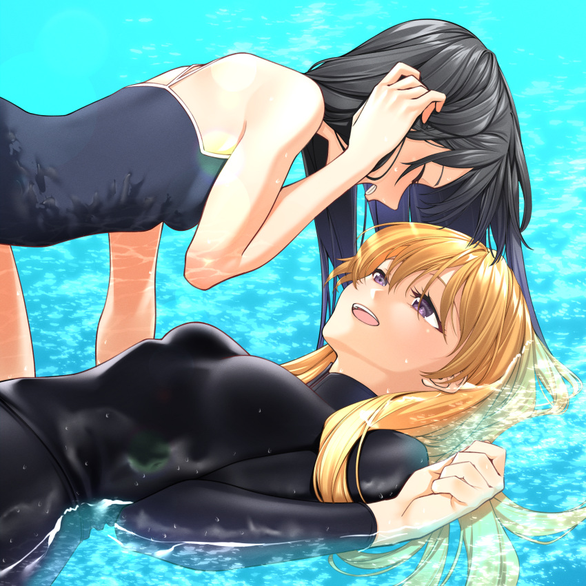 2girls absurdres akebi-chan_no_serafuku akebi_komichi black_bodysuit black_hair black_wetsuit blonde_hair blue_swimsuit bodysuit closed_eyes competition_school_swimsuit highres kizaki_erika long_hair looking_at_another lying multiple_girls partially_submerged purple_eyes school_swimsuit smile soruna_(nell) swimsuit upper_body water wetsuit