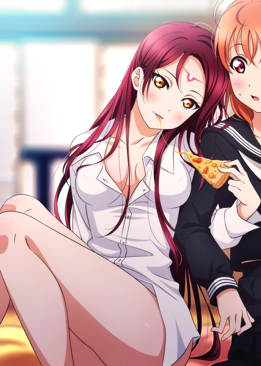 2girls absurdres ahoge bangs blush breasts breasts_apart c.c. c.c._(cosplay) code_geass collarbone commentary company_connection cosplay eating eyebrows_visible_through_hair food forehead_tattoo highres kougi_hiroshi long_hair looking_at_viewer love_live! love_live!_sunshine!! medium_breasts multiple_girls no_bra orange_hair pizza pizza_slice red_eyes red_hair sakurauchi_riko short_hair sitting sunrise_(company) takami_chika tongue tongue_out yellow_eyes