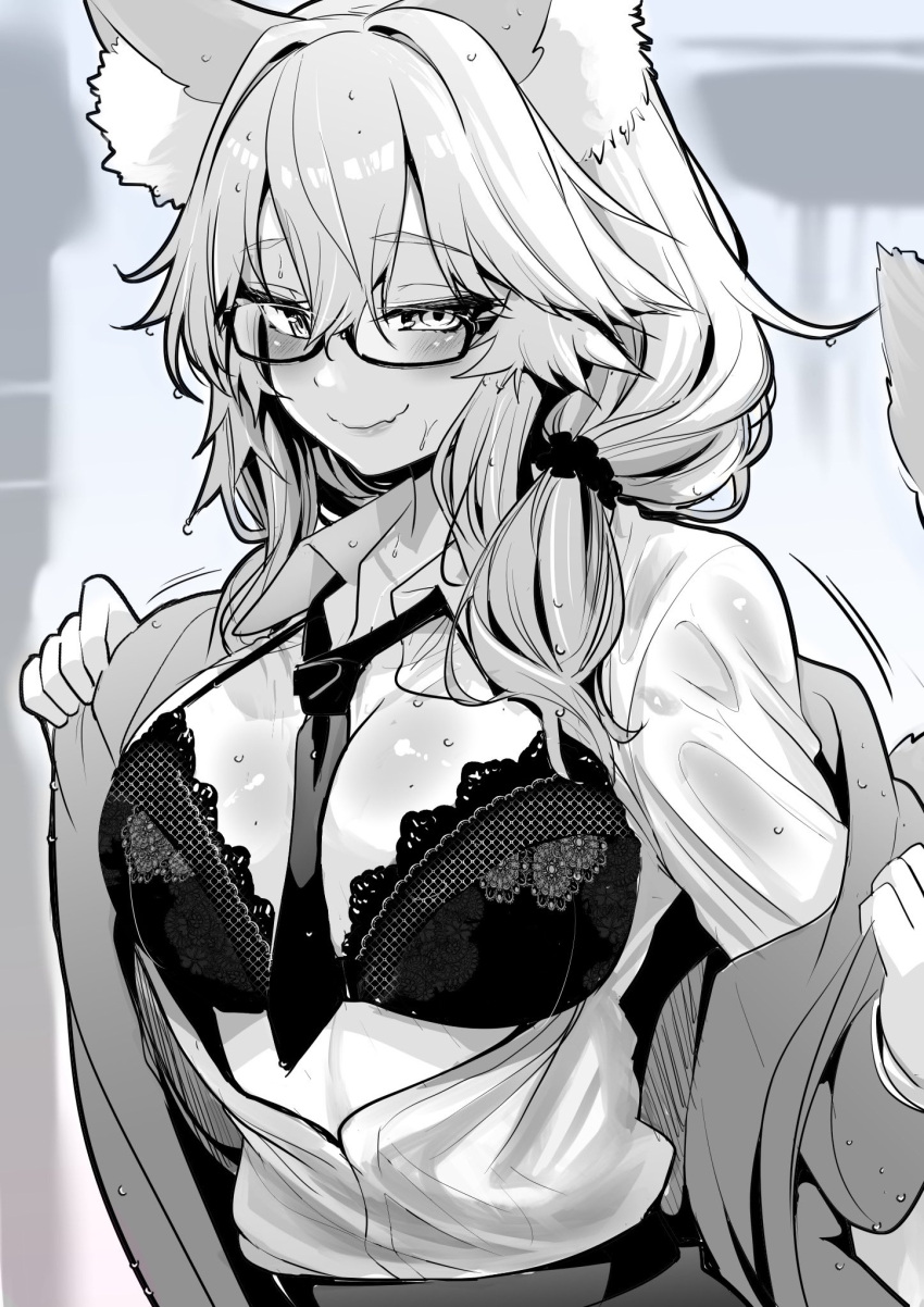 1girl animal_ear_fluff animal_ears bangs blush bra breasts cleavage dress_shirt fate/extra fate_(series) fox_ears fox_girl fox_tail glasses greyscale hair_between_eyes highres large_breasts long_hair long_sleeves looking_at_viewer monochrome necktie off_shoulder open_clothes open_shirt shirt sidelocks smile solo sweat tail tamamo_(fate) tamamo_no_mae_(fate/extra) underwear wisespeak