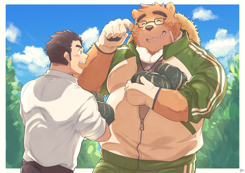 anthro blush brown_body brown_fur brown_hair clothing duo eyebrows eyewear farmer food fruit fur glasses hair hat headgear headwear hi_res human jock_protagonist_(tas) lifewonders male mammal plant protagonist_(tas) pumpkin sawch_cls straw_hat thick_eyebrows tokyo_afterschool_summoners ursid video_games volos