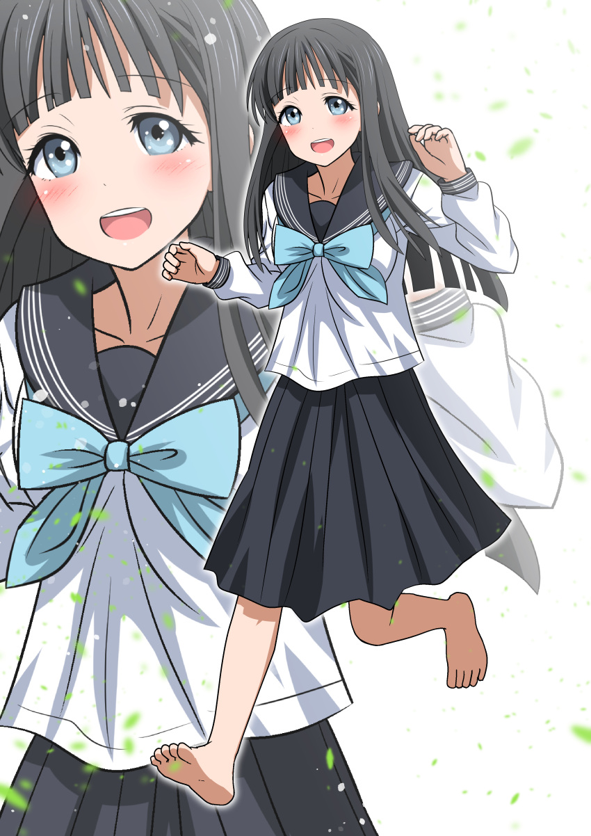 1girl absurdres ai_wa_muteki akebi-chan_no_serafuku akebi_komichi bangs barefoot black_hair black_sailor_collar black_skirt blue_bow blue_eyes blue_neckerchief blunt_bangs bow commentary_request full_body highres long_hair long_sleeves looking_at_viewer multiple_views neckerchief pleated_skirt roubai_academy_school_uniform_(old) sailor_collar school_uniform serafuku shirt skirt smile soles upper_body white_shirt zoom_layer