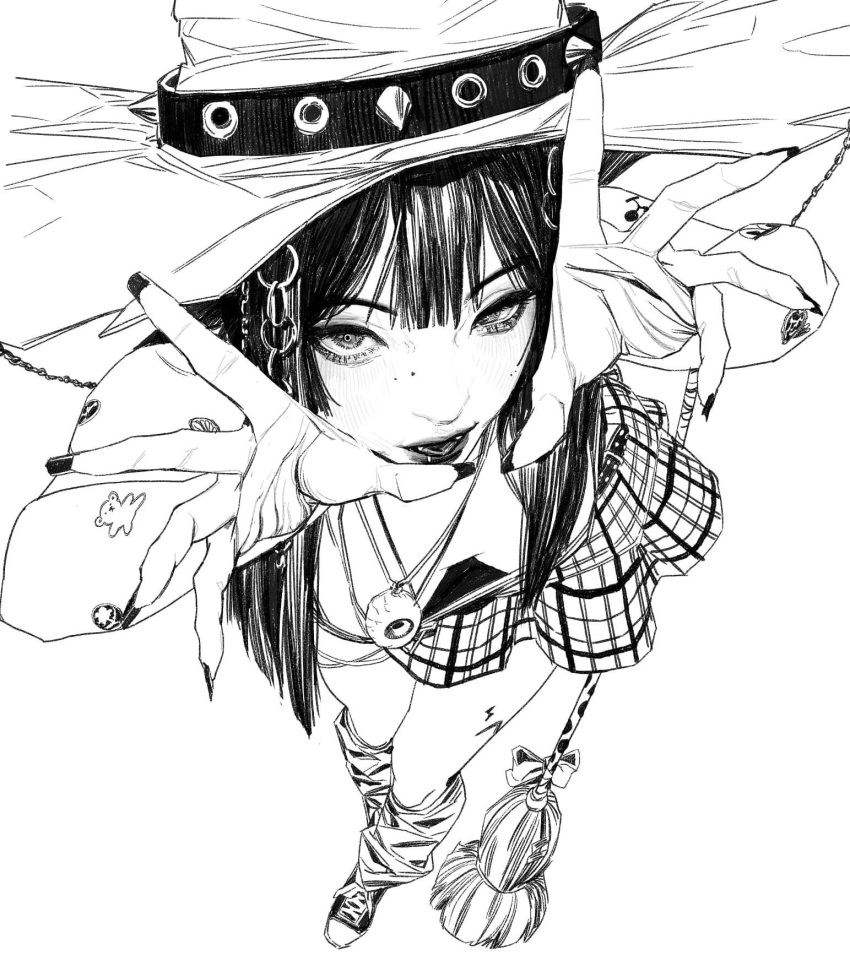 1girl bangs breasts cleavage fingernails from_above greyscale hat heo_sung-moo highres jewelry looking_at_viewer looking_up medium_breasts mole_on_nose monochrome necklace open_hands open_mouth original sharp_fingernails solo tube_socks white_background witch witch_hat