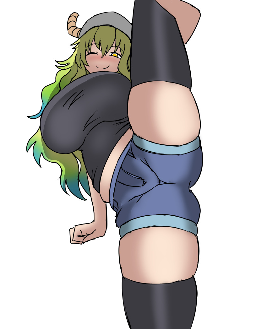 absurdres breasts deculture dragon_horns eyebrows_visible_through_hair feet_out_of_frame hat highres holding_leg horns huge_breasts kobayashi-san_chi_no_maidragon long_hair lucoa_(maidragon) multicolored_hair one_eye_closed plump shirt shorts skindentation smile split standing standing_on_one_leg standing_split t-shirt thighhighs