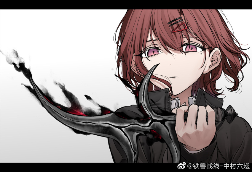 1girl aura black_clothes brown_eyes brown_hair commentary_request dagger dark_aura elden_ring grey_background hair_ornament hairclip higuchi_madoka holding holding_dagger holding_weapon idolmaster idolmaster_shiny_colors knife liu_chi_tiantang_fr looking_at_viewer medium_hair melina_(elden_ring) mole mole_under_eye parted_lips shirt sweatshirt weapon white_background