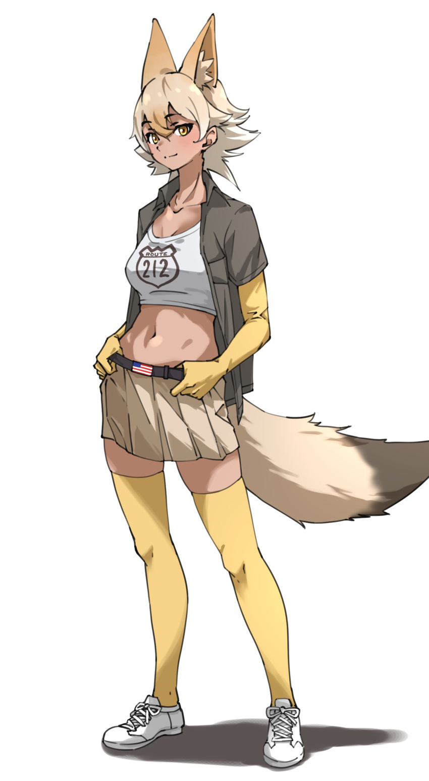 1girl absurdres animal_ear_fluff animal_ears bangs beige_skirt belt breasts collarbone commentary coyote_(kemono_friends) coyote_ears coyote_girl coyote_tail crop_top elbow_gloves extra_ears eyebrows_visible_through_hair full_body gloves gradient_hair hair_between_eyes hands_on_hips highres kemono_friends light_brown_hair medium_breasts midriff multicolored_hair navel pleated_skirt shoes short_hair short_sleeves simple_background skirt sneakers solo standing tail tanabe_(fueisei) thighhighs white_background white_footwear white_hair yellow_eyes yellow_gloves yellow_legwear zettai_ryouiki