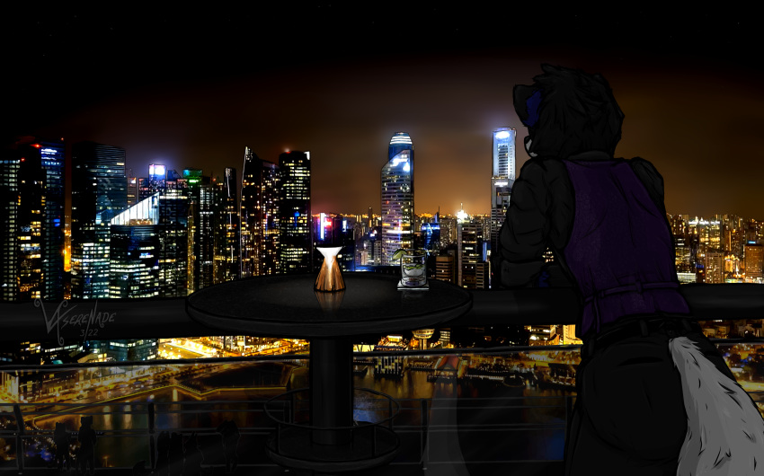 ambiguous_gender anthro arctic_fox beverage canid canine city cityscape clothed clothing draw_over fox hi_res mammal night singapore solo suit topwear vest vexxus_(vxserenade) vxserenade