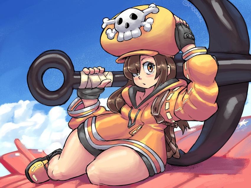1girl anchor bike_shorts black_gloves blush breasts brown_eyes brown_hair cloud english_commentary fingerless_gloves full_body gloves guilty_gear hair_over_one_eye hat highres holding holding_anchor hood hoodie long_hair looking_at_viewer may_(guilty_gear) mddnaz orange_headwear orange_hoodie orange_shirt pirate_hat shirt skull_and_crossbones solo