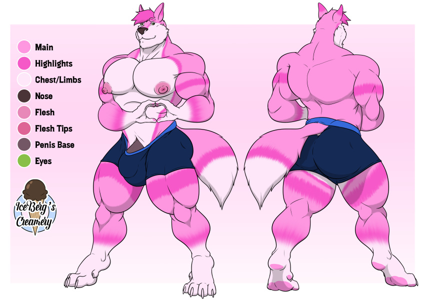 1ceberg absurd_res anthro big_bulge big_butt big_pecs briefs bulge butt canid canine clothed clothing fox front_view gesture hand_heart hi_res male mammal model_sheet mostly_nude muscular muscular_male nipples partially_clothed pecs pink_body pose rear_view solo standing underwear