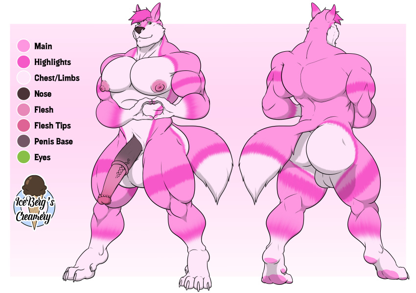 1ceberg absurd_res animal_genitalia animal_penis anthro balls big_balls big_butt big_pecs big_penis butt canid canine equine_penis erection fox front_view genitals gesture hand_heart hi_res male mammal model_sheet muscular muscular_male nipples pecs penis pink_body pose rear_view solo standing