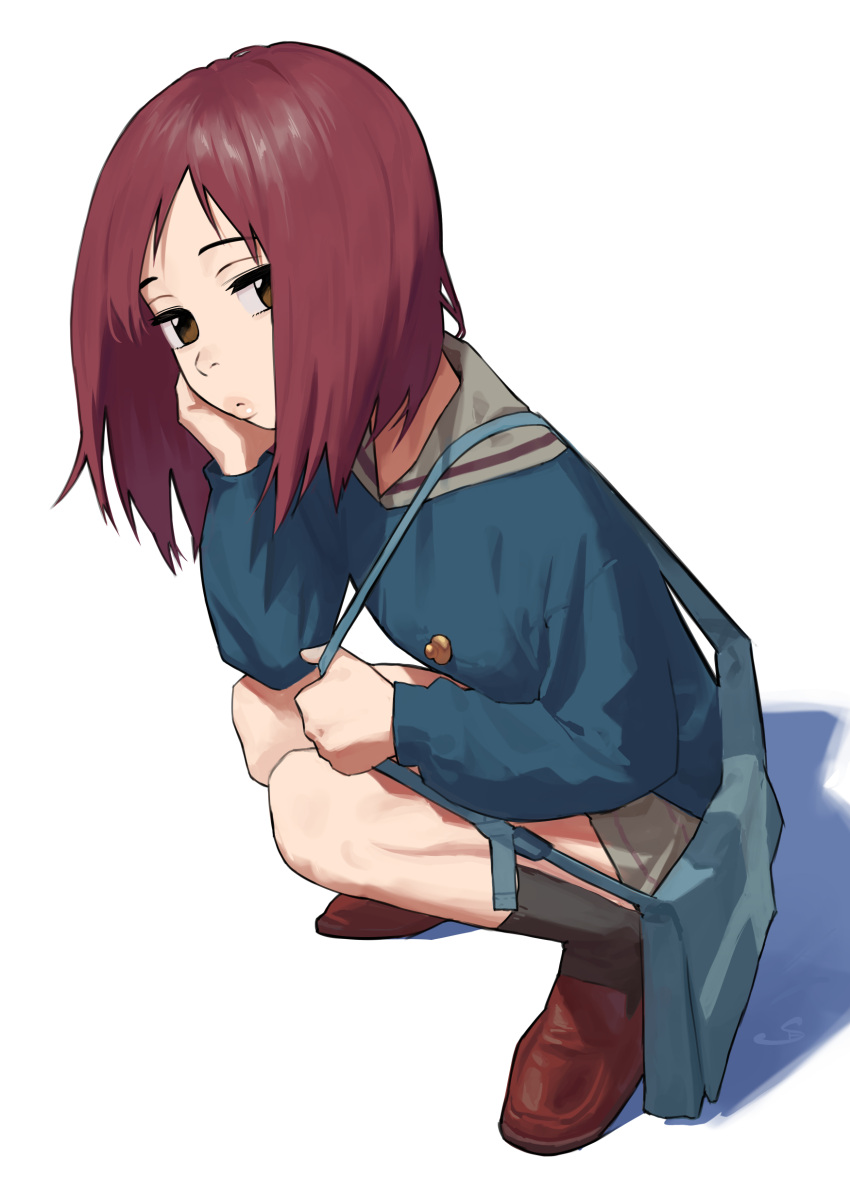 1girl absurdres bag black_legwear brown_eyes brown_footwear elbow_on_knee flcl full_body head_rest highres jheflow45 knees_together_feet_apart loafers long_sleeves looking_at_viewer medium_hair plaid plaid_skirt red_hair samejima_mamimi satchel school_uniform serafuku shadow shoes simple_background skirt solo squatting thick_lips white_background