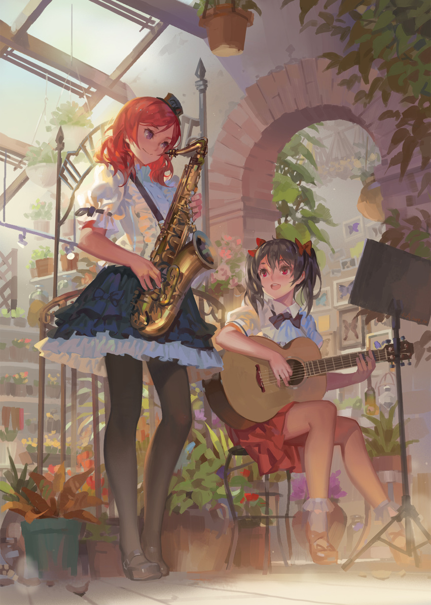 2girls absurdres acoustic_guitar aircraft airplane alphonse_(white_datura) arch black_hair black_legwear blouse bookshelf bow bowtie bug butterfly french_text frilled_skirt frills grey_eyes guitar hair_bow hat highres instrument lolita_fashion long_legs love_live! love_live!_school_idol_project lyrics mary_janes mini_hat mini_top_hat multiple_girls music_stand nishikino_maki open_mouth pantyhose photoshop_(medium) plant potted_plant puffy_short_sleeves puffy_sleeves red_eyes red_hair revision saxophone shirt shoes short_sleeves sitting skirt smile socks standing stool tenor_saxophone top_hat twintails white_blouse white_legwear yazawa_nico