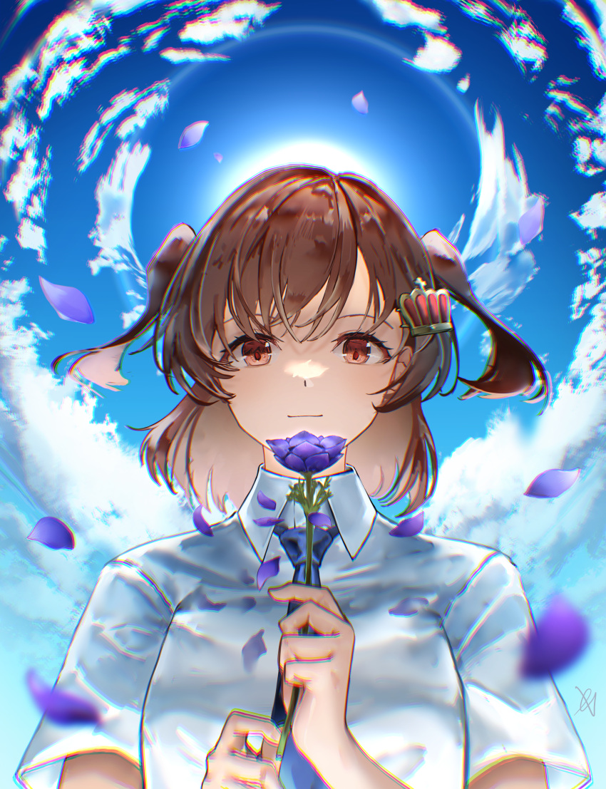 1girl absurdres aijou_karen anemone_(flower) aoi_hane artist_name bangs blue_necktie blue_sky blurry blurry_foreground brown_eyes brown_hair chromatic_aberration closed_mouth cloud collared_shirt commentary crown_hair_ornament day falling_petals flower from_below hair_ornament hairclip hands_up highres holding holding_flower light_smile looking_at_flowers looking_at_object looking_down necktie outdoors petals purple_flower shirt short_hair short_sleeves shoujo_kageki_revue_starlight signature sky solo sun swept_bangs two_side_up upper_body white_shirt