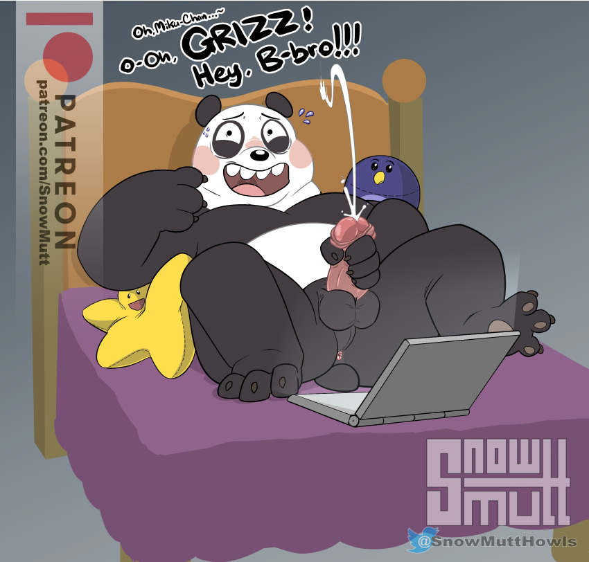 2022 absurd_res anthro anus balls bed black_body black_nose blush butt cartoon_network computer english_text erection furniture genitals giant_panda hi_res humanoid_genitalia humanoid_hands humanoid_penis lying male mammal overweight overweight_male panda_(wbb) penis plushie snowmutt solo text ursid we_bare_bears white_body