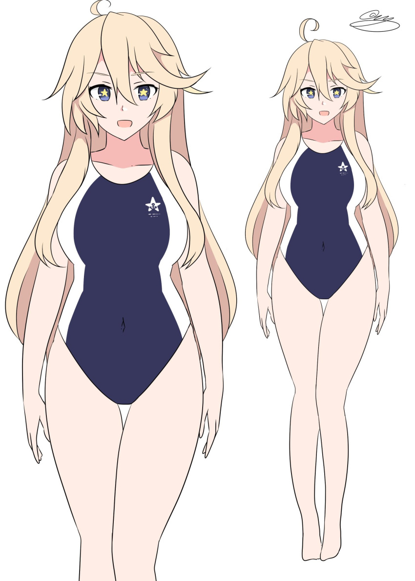 1girl ahoge blonde_hair blue_eyes competition_swimsuit highres iowa_(kancolle) kantai_collection long_hair multicolored_clothes multicolored_swimsuit noruren one-piece_swimsuit star-shaped_pupils star_(symbol) swimsuit symbol-shaped_pupils tagme