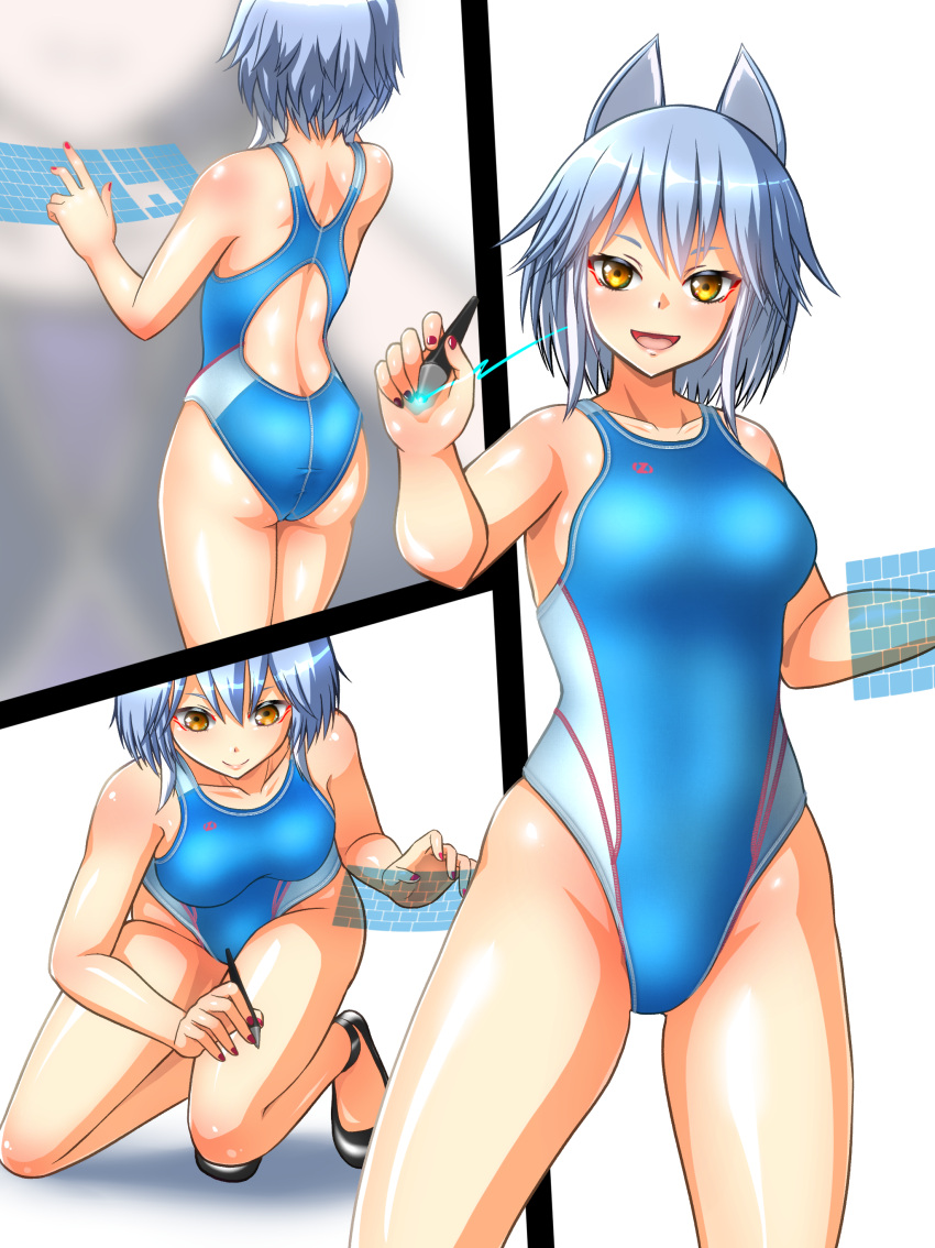 1girl absurdres blue_swimsuit character_request commentary_request competition_swimsuit cowboy_shot fox_girl highres hologram looking_at_viewer multicolored_clothes multicolored_swimsuit multiple_views one-piece_swimsuit original silver_hair squatting standing swimsuit virtual_youtuber yellow_eyes yurinozuku1112
