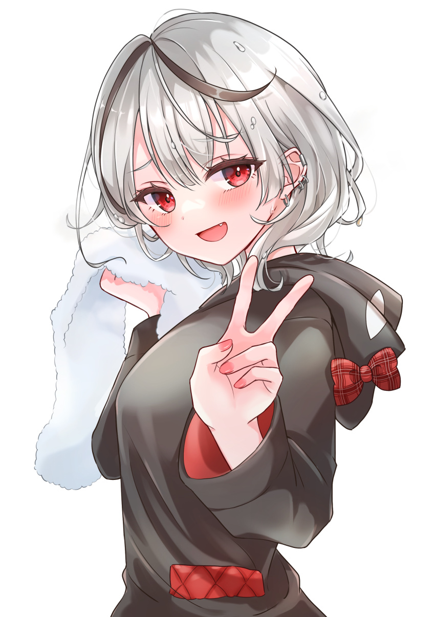 1girl absurdres bangs blush bow breasts commentary ear_piercing eyebrows_visible_through_hair fangs grey_hair grey_sweater hair_between_eyes highres hololive hood hoodie large_breasts long_sleeves looking_at_viewer medium_hair multicolored_hair nail_polish null_maru open_mouth peace_symbol piercing red_bow red_eyes sakamata_chloe silver_hair smile solo sweater towel virtual_youtuber wet white_background