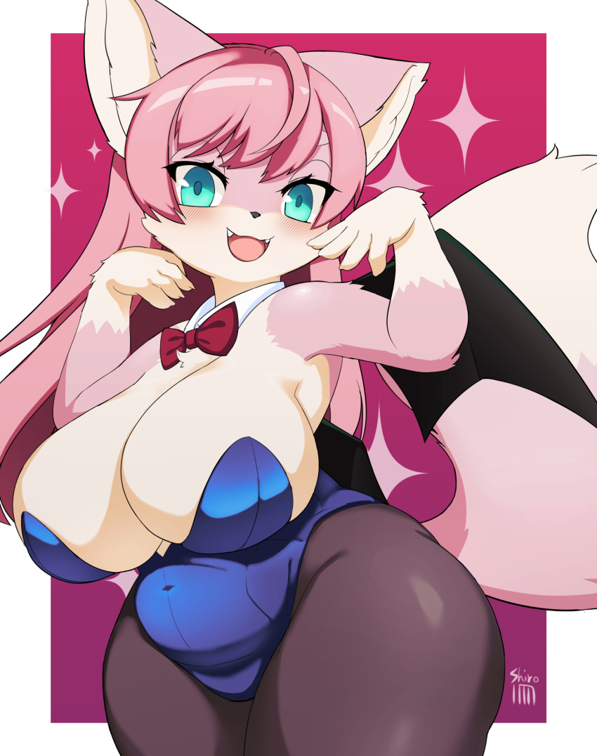 2022 5_fingers anthro bat_wings big_breasts blush breasts canid canine claws cleavage clothed clothing cute_fangs dipstick_tail female finger_claws fingers fox fur gloves_(marking) green_eyes hair hi_res huge_breasts kemono long_hair looking_at_viewer mammal markings membrane_(anatomy) membranous_wings multicolored_tail open_mouth pink_body pink_fur pink_hair shirokoma short_stack signature solo tail_markings thick_thighs tongue white_body white_fur wide_hips wings