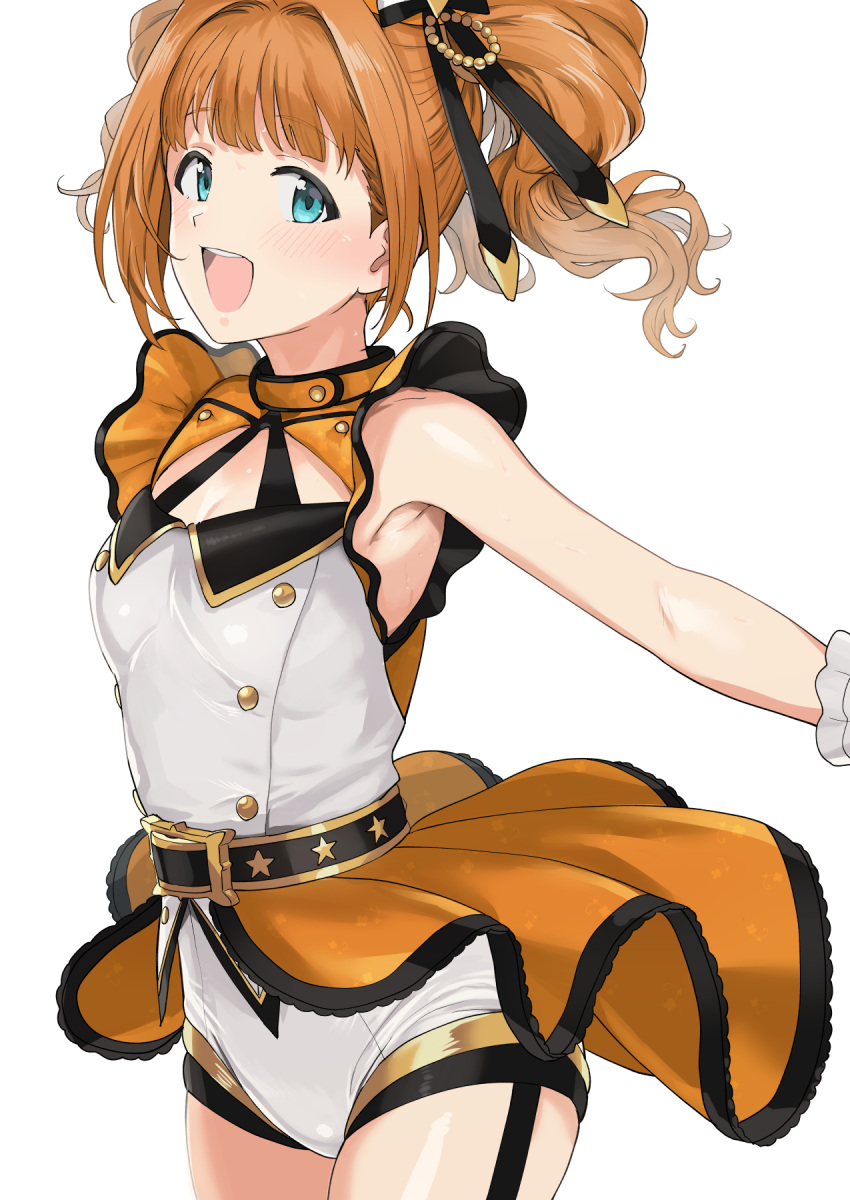 1girl :d aqua_eyes belt breasts buckle cleavage cleavage_cutout clothing_cutout happy highres idol idolmaster idolmaster_(classic) idolmaster_stella_stage orange_hair shorts simple_background smile solo tsurui twintails