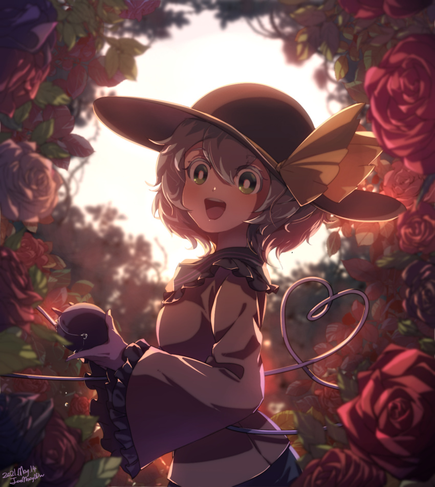1girl black_flower black_headwear black_rose blouse blurry blurry_background breasts commentary_request crying depth_of_field floral_background flower frilled_shirt_collar frilled_sleeves frills from_side green_eyes hair_between_eyes hat hat_ribbon heart heart_of_string highres holding koishi_day komeiji_koishi leaf long_sleeves looking_at_viewer looking_to_the_side noumin_joemanyodw open_mouth red_flower red_rose ribbon rose rose_background short_hair silver_hair small_breasts solo teeth third_eye touhou upper_body upper_teeth wide_sleeves yellow_blouse yellow_ribbon