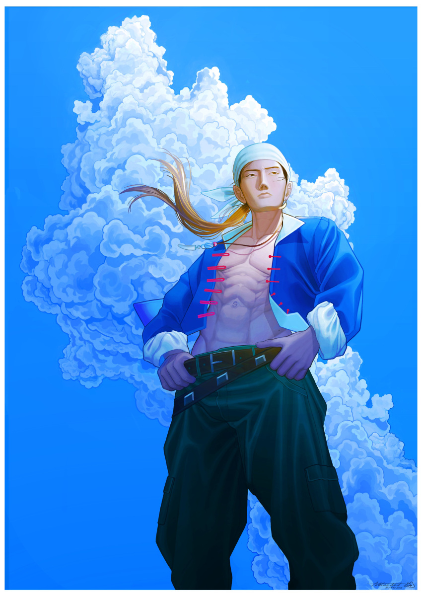 1boy absurdres artist_name bad_anatomy belt blue_sky border brown_eyes cloud dated day earrings green_pants highres jewelry male_focus navel open_clothes open_shirt outdoors pants ren_wu_ying shenmue sky solo standing toned toned_male yummy_lammy