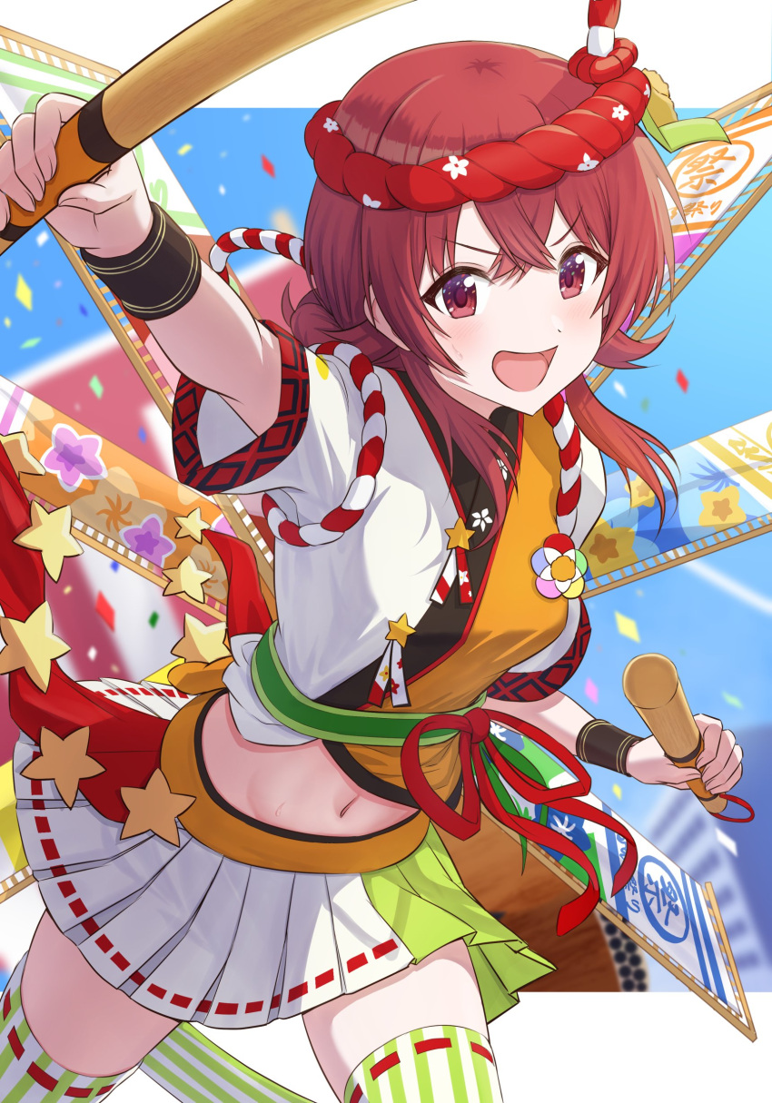 absurdres ahoge arm_up bangs banner blush breasts commentary_request confetti festival hachimaki hair_between_eyes happi headband highres idolmaster idolmaster_shiny_colors japanese_clothes komiya_kaho long_hair looking_at_viewer medium_breasts midriff multicolored_clothes navel nejiri_hachimaki open_mouth osoba_susurukun pleated_skirt red_eyes red_hair red_headband short_sleeves skirt solo star_(symbol) sweat taiko_sticks thighhighs thighs tied_hair v-shaped_eyebrows wristband