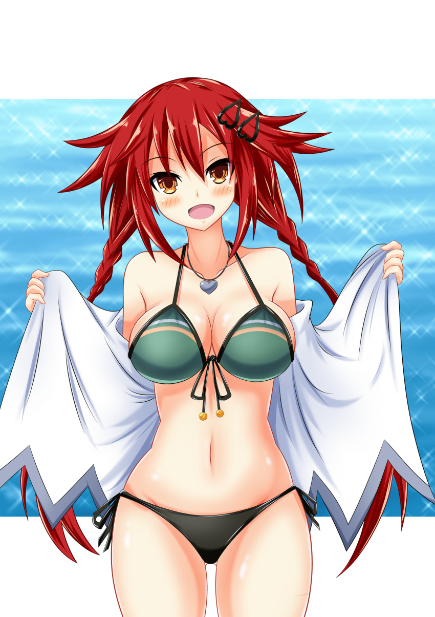 1girl :d absurdres bare_shoulders bikini bikini_under_clothes black_bikini blush braid breasts cleavage clothes_pull commentary_request cowboy_shot green_bikini groin hair_ornament hairclip hands_up happy heart heart_necklace highres kyou large_breasts long_hair looking_at_viewer medium_breasts midriff mismatched_bikini navel neptune_(series) off_shoulder open_clothes open_shirt outdoors pulled_by_self shin_jigen_game_neptune_vii shirt shirt_pull side-tie_bikini smile solo swimsuit tennouboshi_uzume twin_braids twintails very_long_hair white_shirt