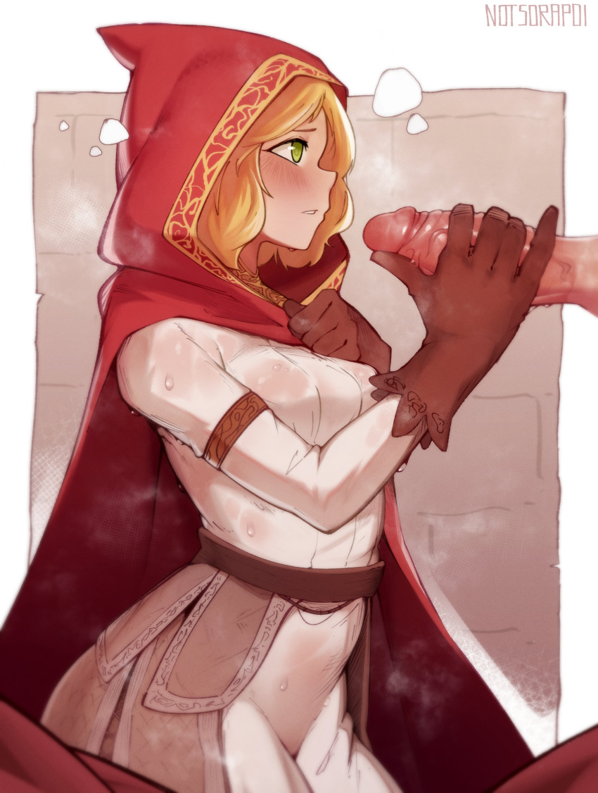 1boy 1girl absurdres artist_name bangs belt blush breasts brown_belt brown_gloves cape capelet commentary dress elden_ring from_side gloves highres hood hood_up hooded_cape large_breasts long_sleeves parted_lips penis red_capelet red_hood roderika_(elden_ring) shiny shiny_skin solo_focus sorapoi teeth