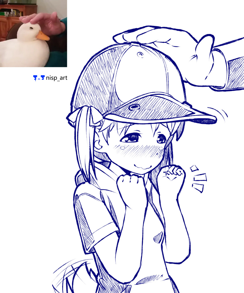 1girl ^^^ absurdres artist_logo artist_name bangs baseball_cap bird bird_tail blush child closed_mouth commentary_request duck duck_girl furrowed_brow half-closed_eyes hands_up hat highres hood hoodie looking_down medium_hair meme motion_lines nisp_art nose_blush original pen_(medium) personification photo_inset reference_inset russian_commentary short_sleeves simple_background smile solo_focus tail tail_wagging twintails upper_body wavy_mouth white_background