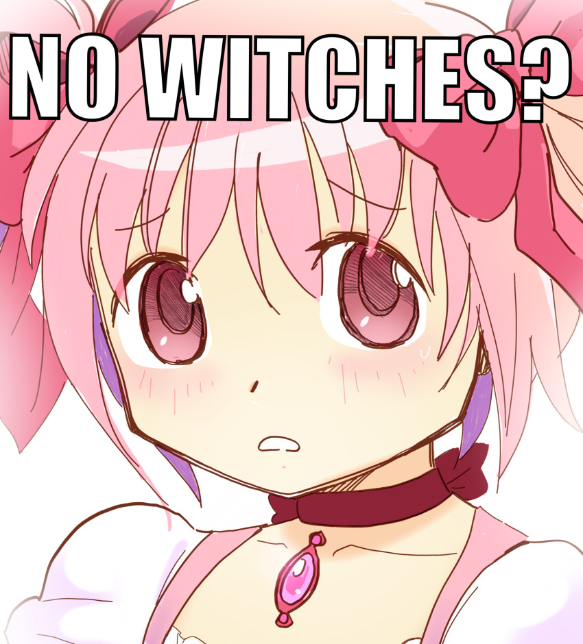 1girl aoki_ume_(style) bangs blush bow bow_choker choker commentary crown dreamaruu english_commentary english_text highres impact_(font) kaname_madoka looking_at_viewer mahou_shoujo_madoka_magica meme no_bitches?_(meme) official_style pink_eyes pink_hair portrait puffy_short_sleeves puffy_sleeves red_bow red_choker short_sleeves short_twintails solo soul_gem twintails