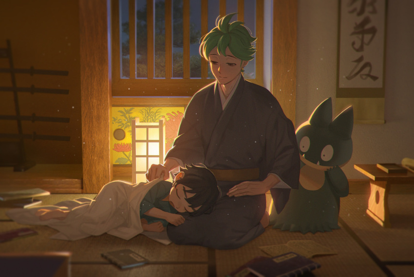 2boys bangs bench beni_(pokemon) black_hair blanket blurry book child closed_eyes commentary_request green_hair highres indoors japanese_clothes kamado_(pokemon) kimono lying male_focus meipu_hm multiple_boys munchlax night on_side pokemon pokemon_(creature) pokemon_(game) pokemon_legends:_arceus sash short_hair sitting sleeping younger