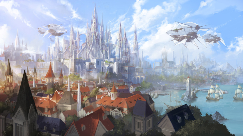 aircraft arch architecture blue_sky building buttress castellation castle cloud cloudy_sky day fantasy flying_buttress from_above gothic_architecture highres hui-won_park landscape mountainous_horizon no_humans original outdoors palace scenery second-party_source ship sky tower watercraft