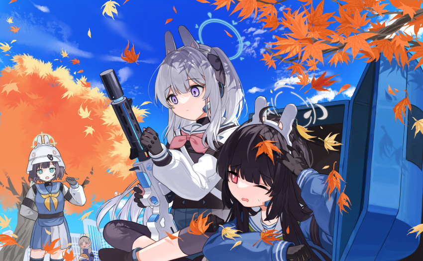 4girls ahoge animal_ears black_gloves black_hair blue_archive blue_hair blue_serafuku blue_skirt blue_sky body_armor brown_hair building closed_eyes cloud cloudy_sky eyebrows_visible_through_hair gloves green_eyes gun hair_between_eyes halo headphones helmet highres leaf long_hair low_twintails lying miyako_(blue_archive) miyu_(blue_archive) moe_(blue_archive) multiple_girls on_stomach open_mouth outdoors purple_eyes rabbit_ears red_eyes saki_(blue_archive) school_uniform serafuku short_hair side_ponytail silver_hair sitting skirt sky standing tiko_(idadsa91) trash_bag tree twintails vest weapon