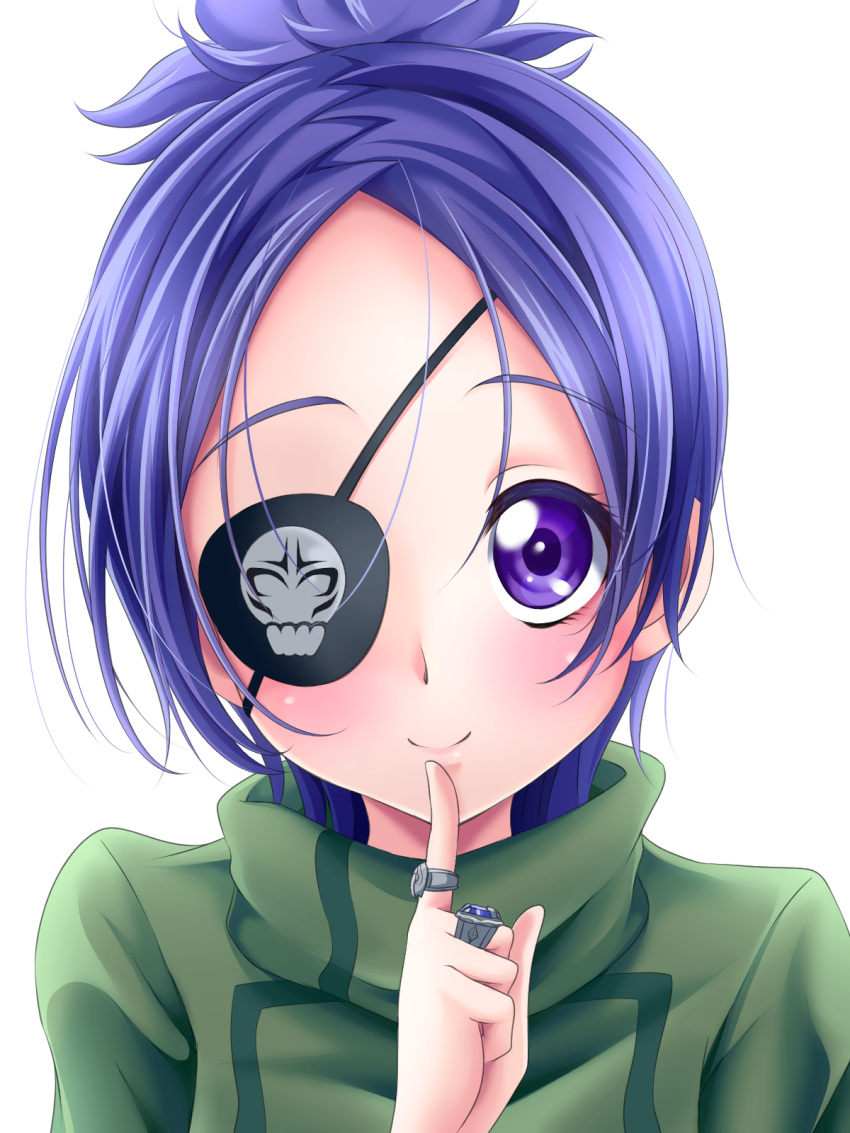 1girl chrome_dokuro closed_mouth eyepatch finger_to_mouth highres jewelry katekyo_hitman_reborn! looking_at_viewer purple_eyes purple_hair ring s-operator short_hair simple_background smile solo white_background