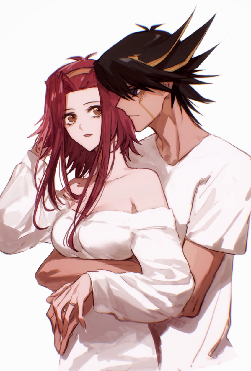 1boy 1girl absurdres alternate_costume bare_shoulders black_hair blonde_hair blue_eyes breasts brown_eyes brown_hairband cleavage closed_mouth collarbone couple eye_contact facial_mark fudou_yuusei hairband hand_in_own_hair hetero highres hug hug_from_behind izayoi_aki jewelry long_hair looking_at_another medium_breasts multicolored_hair naoki_(2rzmcaizerails6) off-shoulder_sweater off_shoulder open_mouth red_hair ring shirt short_hair_with_long_locks sidelocks simple_background smile spiked_hair streaked_hair sweater t-shirt two-tone_hair upper_body wedding_ring white_background white_shirt white_sweater yu-gi-oh! yu-gi-oh!_5d's