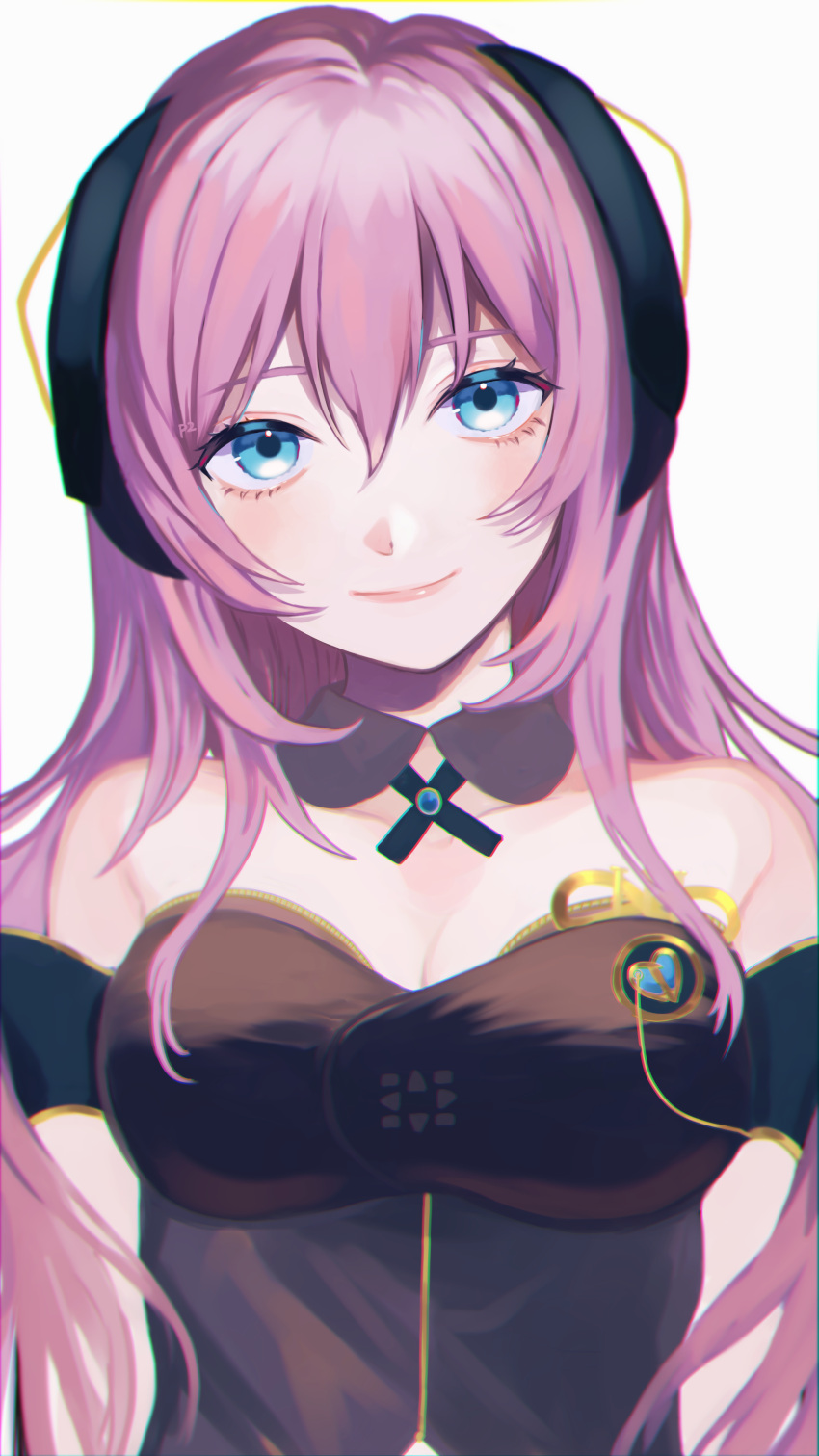 1girl absurdres arm_strap bangs black_ribbon blue_eyes breasts cleavage closed_mouth collarbone commentary detached_collar floating_hair hair_between_eyes hair_ornament highres long_hair looking_at_viewer medium_breasts megurine_luka megurine_luka_(vocaloid4) neck_ribbon p2_(uxjzz) pink_hair ribbon simple_background smile solo strapless upper_body v4x vocaloid white_background