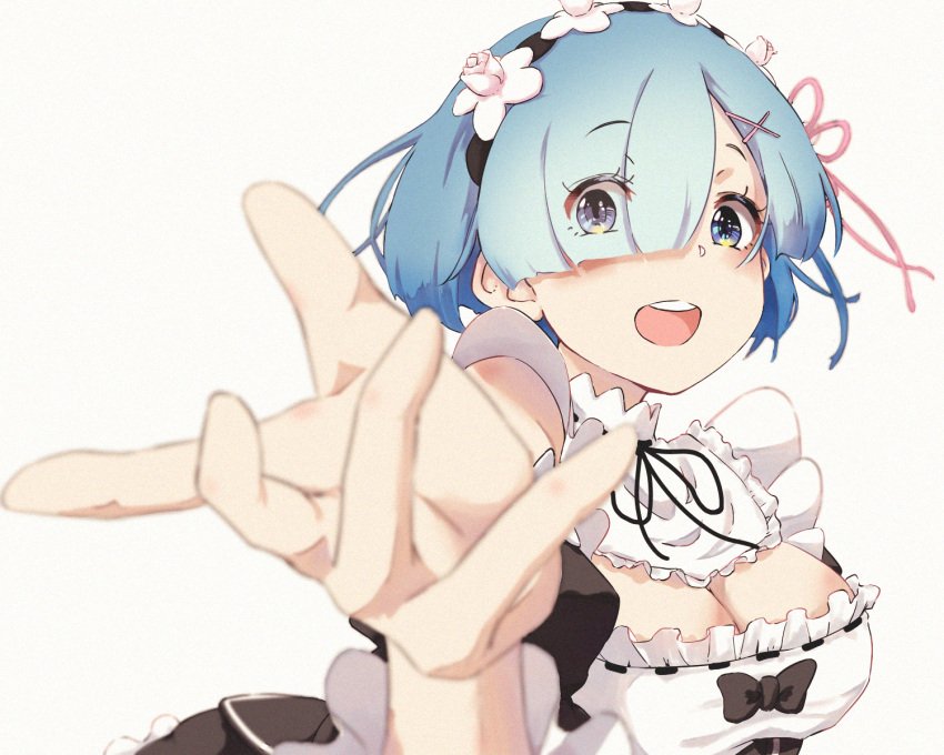 1girl :d black_bow black_ribbon black_sleeves blue_eyes blue_hair blurry blurry_foreground bow breasts cleavage detached_collar detached_sleeves eyes_visible_through_hair flower hair_flower hair_ornament hair_over_one_eye hair_ribbon head_wreath highres looking_at_viewer medium_breasts neck_ribbon open_mouth pink_ribbon psyto_qy2 re:zero_kara_hajimeru_isekai_seikatsu reaching_out rem_(re:zero) ribbon roswaal_mansion_maid_uniform short_hair simple_background smile solo white_background white_flower