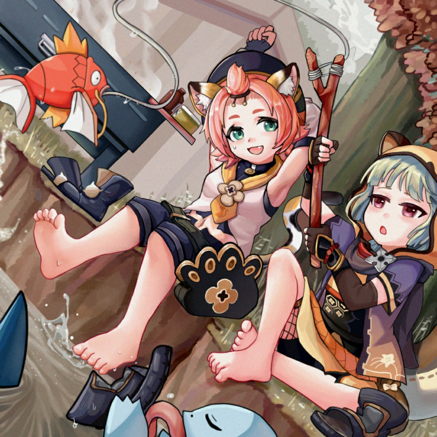 2girls :d :o animal_ears animal_hood arm_behind_head armpits arms_up bangs_pinned_back barefoot black_gloves black_shorts breasts cat_ears cat_girl cat_tail commentary_request crossover detached_sleeves diona_(genshin_impact) dutch_angle fake_animal_ears fang fingerless_gloves fishnets genshin_impact gloves green_eyes grey_hair hehehe_(hakwy) holding holding_clothes holding_footwear hood hood_up licking long_sleeves magikarp multiple_girls pink_hair pokemon pokemon_(creature) purple_eyes sayu_(genshin_impact) shark_fin shirt short_eyebrows short_sleeves shorts sitting sleeveless sleeveless_shirt small_breasts smile squirtle sweat tail thick_eyebrows toeless_footwear wet white_shirt white_sleeves