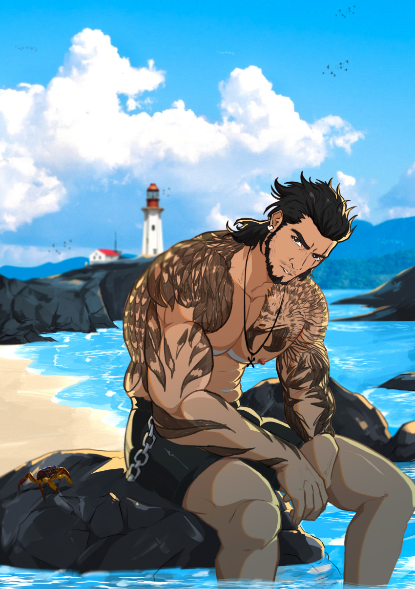 1boy absurdres bara beard bird_tattoo black_hair blue_sky blurry blurry_background chain cloud crab day deny_pratama earrings english_commentary facial_hair final_fantasy final_fantasy_xv gladiolus_amicitia highres jewelry lighthouse looking_at_viewer male_focus male_swimwear medium_hair muscular muscular_male mustache necklace nipples on_rock outdoors pectorals rock sitting sky soaking_feet stubble swim_trunks tattoo