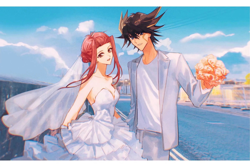 1boy 1girl :d black_hair blazer blonde_hair blue_eyes blue_sky border bouquet brown_eyes cloud collarbone couple day dress facial_mark floating_hair flower fudou_yuusei hair_intakes hetero highres holding holding_bouquet husband_and_wife izayoi_aki jacket layered_dress letterboxed long_dress long_hair long_sleeves looking_at_viewer multicolored_hair naoki_(2rzmcaizerails6) open_clothes open_jacket open_mouth outdoors parted_lips red_hair rose shirt short_hair_with_long_locks sky smile spiked_hair strapless strapless_dress two-tone_hair veil wedding_dress white_border white_dress white_jacket white_shirt yu-gi-oh! yu-gi-oh!_5d's